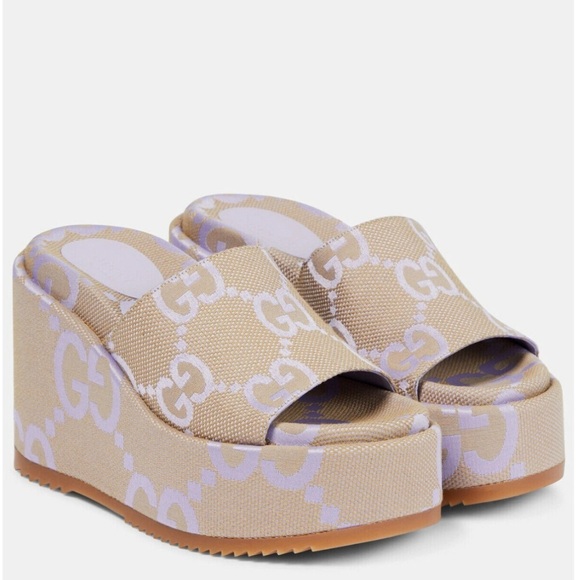 NIB Gucci Monogram Jumbo GG Platform Slide Wedge Sandals - Picture 6 of 7